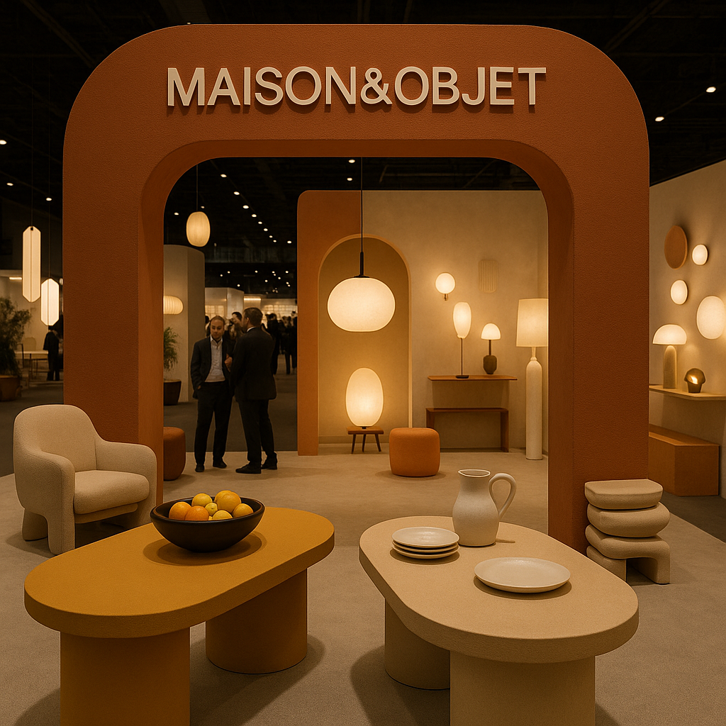 오렌지색 아치 구조와 부드러운 조명 아래 접시와 과일이 놓인 테이블, 다양한 램프와 의자가 어우러져 따뜻한 인테리어 분위기를 연출한다.