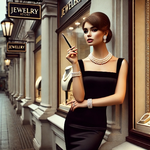 검은 드레스, 진주 목걸이, 긴 담배 홀더를 들고 고급스러운 보석 상점 앞에 우아하게 서 있는 여성