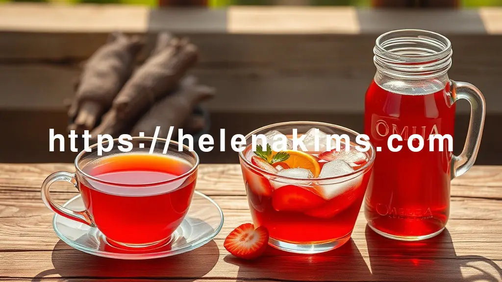 나무 테이블 위에 따뜻한 오미자차 한 잔, 얼음과 과일이 담긴 시원한 오미자 화채 한 그릇, 그리고 햇살을 받아 빛나는 오미자청 유리병이 조화롭게 놓여있다.