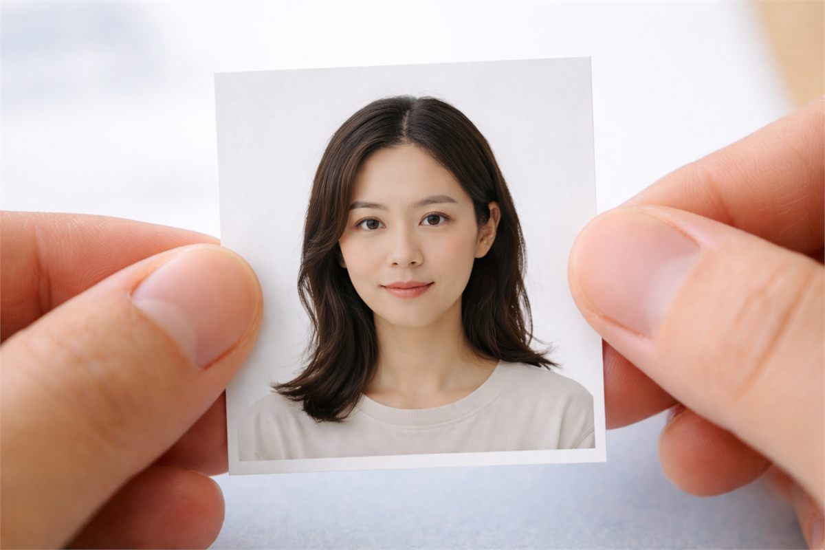 흰 배경 여권사진을 손으로 조심스럽게 맞춰 보는 클로즈업 장면
