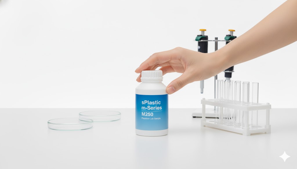 첨단 연구실 환경의 M250 용기. &quot;sPlastic m-Series M250 Precision Lab Sample&quot; 라벨이 붙어 있으며, 여성 연구원의 손이 용기를 집어 들고 있습니다. 시약 및 정밀 샘플 보관에 최적화된 HDPE 소용량 플라스틱 용기임을 보여줍니다. (M250 용기가 첨단 연구실 클린벤치 위 시약병들 사이에 놓여있고, 모델의 손이 용기를 집어 드는 모습으로, 작은 용기의 정밀한 용도와 취급의 섬세함을 강조합니다.