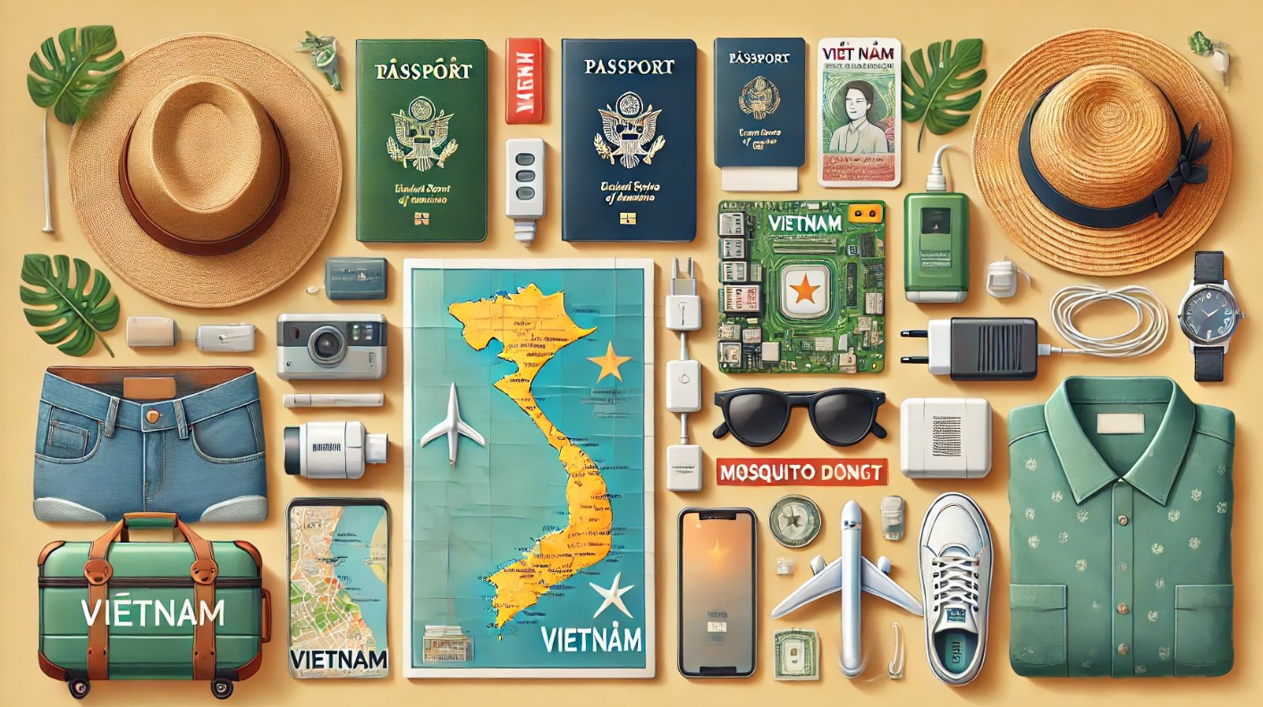 베트남 여행에 필요한 여권, 비자, 가벼운 옷, 모자, 선글라스, 자외선 차단제, 전원 어댑터, 모기 퇴치제, 현지 화폐(베트남 동), 지도, 번역 앱이 켜진 스마트폰을 정리한 이미지
