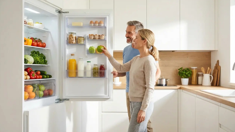 중장년 남녀가 건강한 식재료를 들고 미소 짓는 모습, 깔끔하게 정리된 냉장고 배경