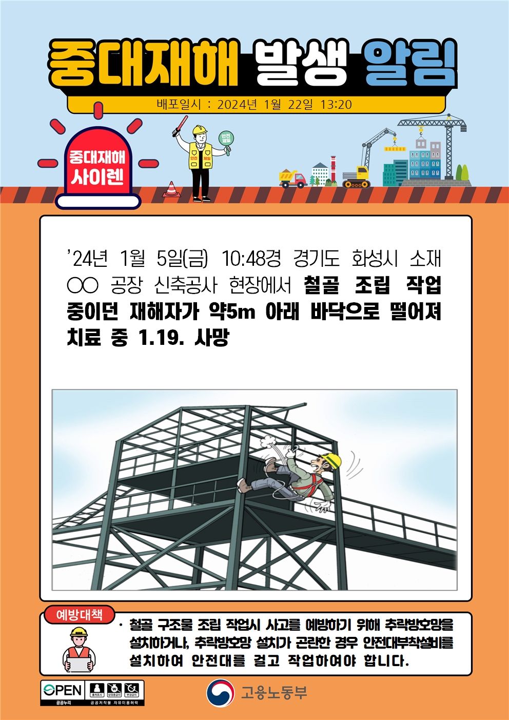 철골 조립 작업 중 바닥으로 떨어짐(5m)