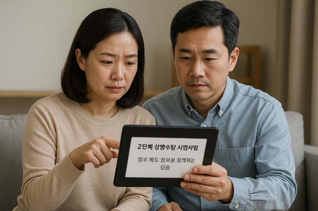 부부가 거실에 앉아 태블릿으로 정부 제도 정보를 검색하는 모습