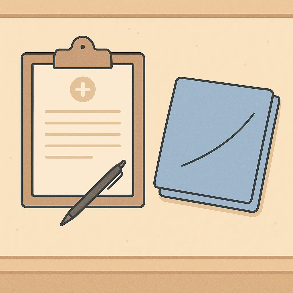 병원 데스크 위 접수지와 가운이 놓인 모습