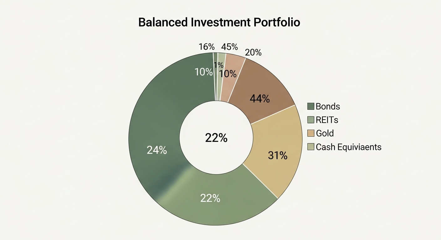 채권, 리츠, 금 등으로 다양하게 구성된 안전 자산 투자 포트폴리오 비율을 보여주는 그래프.