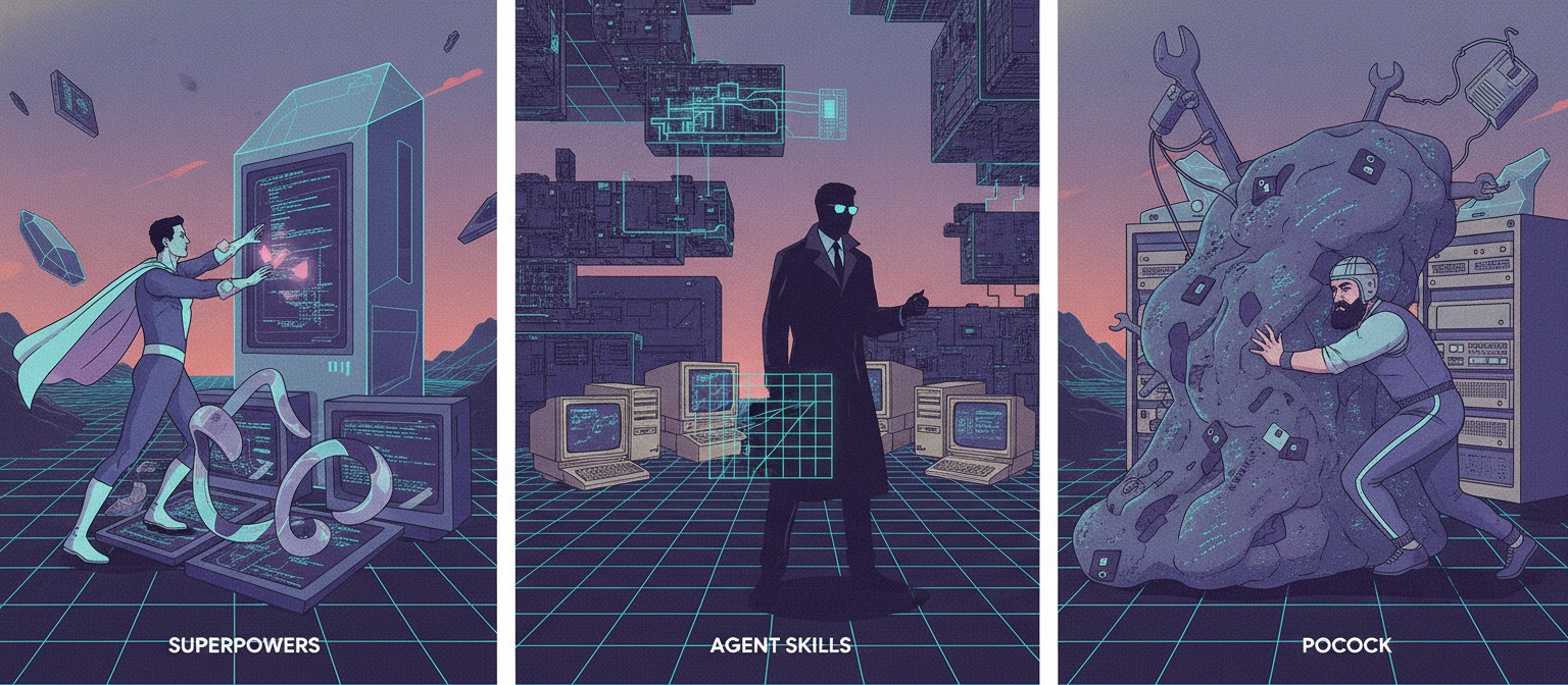 Superpowers Agent Skills Pocock 세 가지 AI 코딩 스킬 프레임워크 비교 일러스트