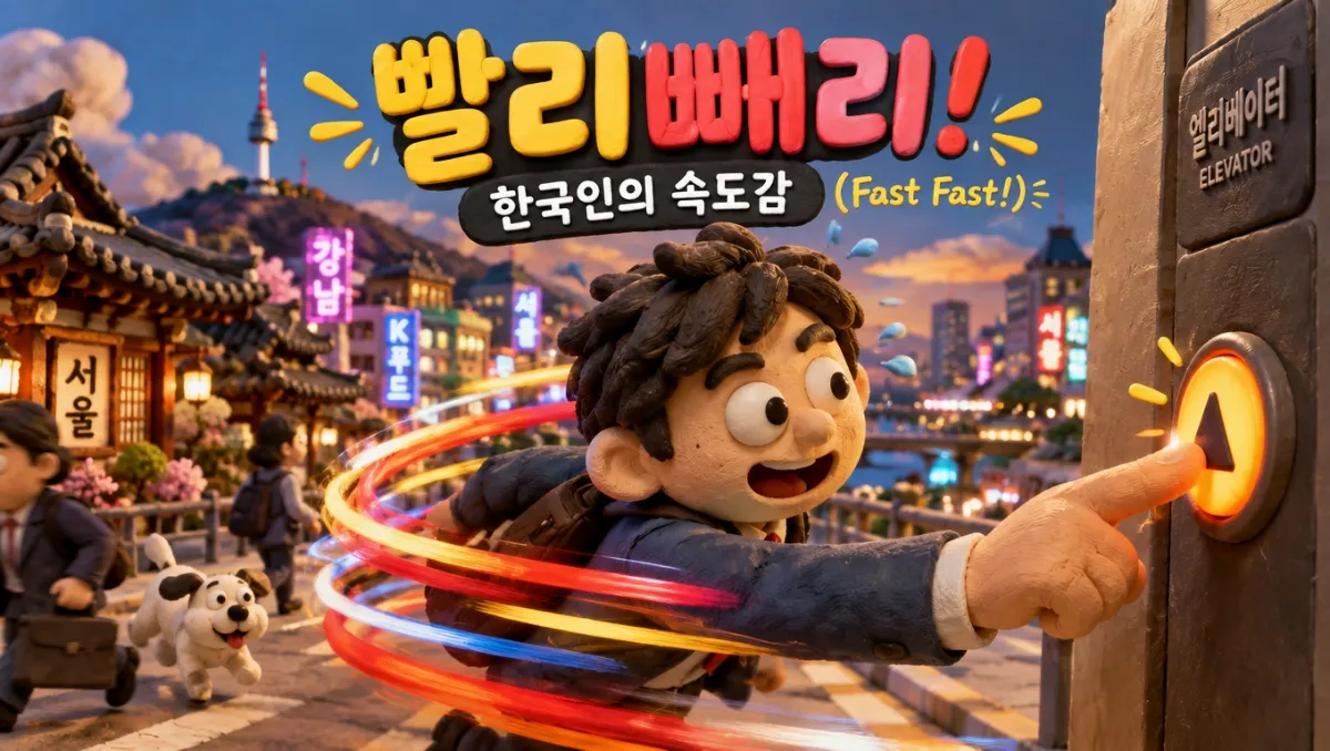 한국인의 빨리빨리 문화와 뇌과학적 원리를 상징하는 일러스트. 에드먼 스타일의 클레이 스톱모션 캐릭터가 엘리베이터 버튼을 누르며 서울 도심을 배경으로 속도감을 표현한 캐릭터형 인포그래픽