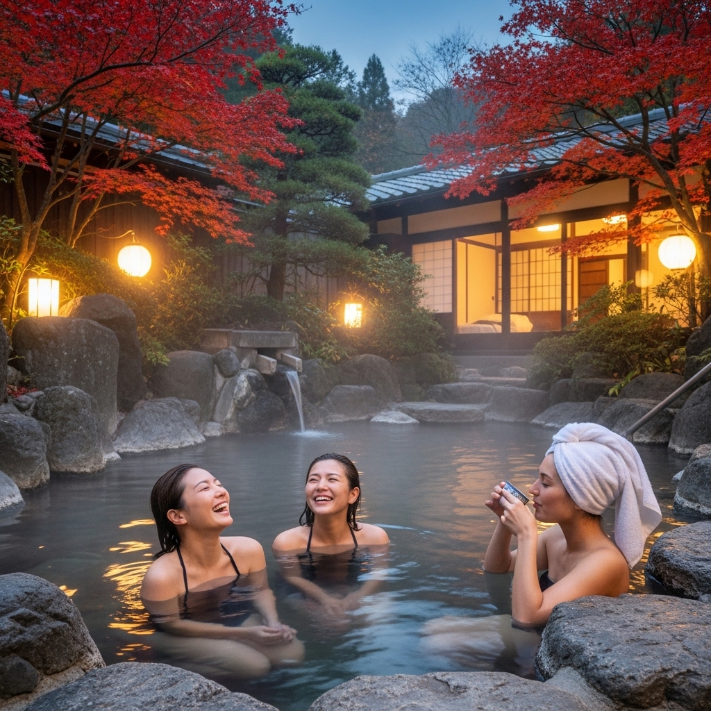 일본 온천에서 온천을 즐기는 3명의 여자친구들