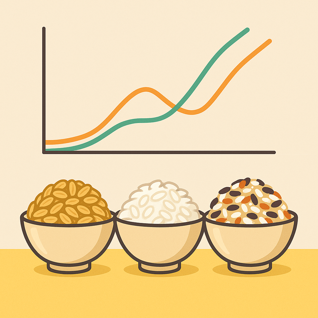 동일한 양의 파로밥, 백미밥, 잡곡밥을 섭취 후의 혈당 변화를 표현한 일러스트