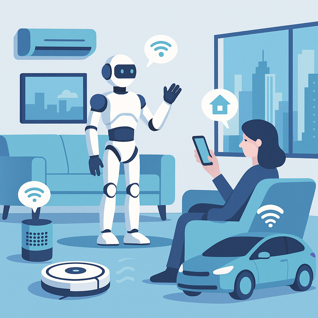 현대적 거실에서 휴머노이드 로봇과 여성이 스마트 기기로 상호작용하는 장면을 묘사한 플랫 스타일의 일러스트