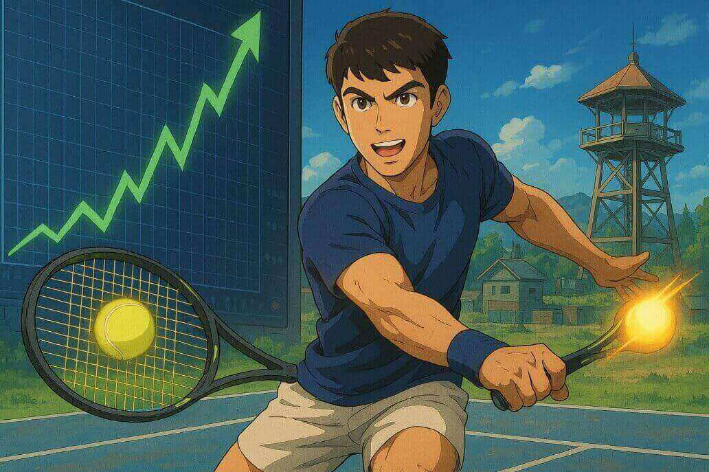 카를로스 알카라즈가 유요한 포지셔닝으로 샷을 날리는 그림