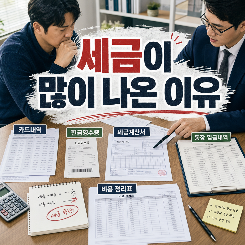 세무사에게 자료를 보낸 뒤 세금이 많이 나온 이유와 비용 누락 항목을 확인하는 개인사업자 이미지