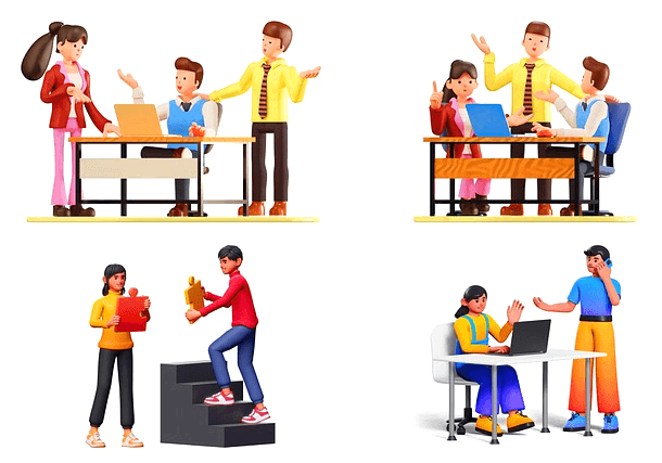 3명의 회사원이 책상 주위에 모여서 업무 이야기를 하는 그림이다. 그림 4개가 각각 그려졌다.