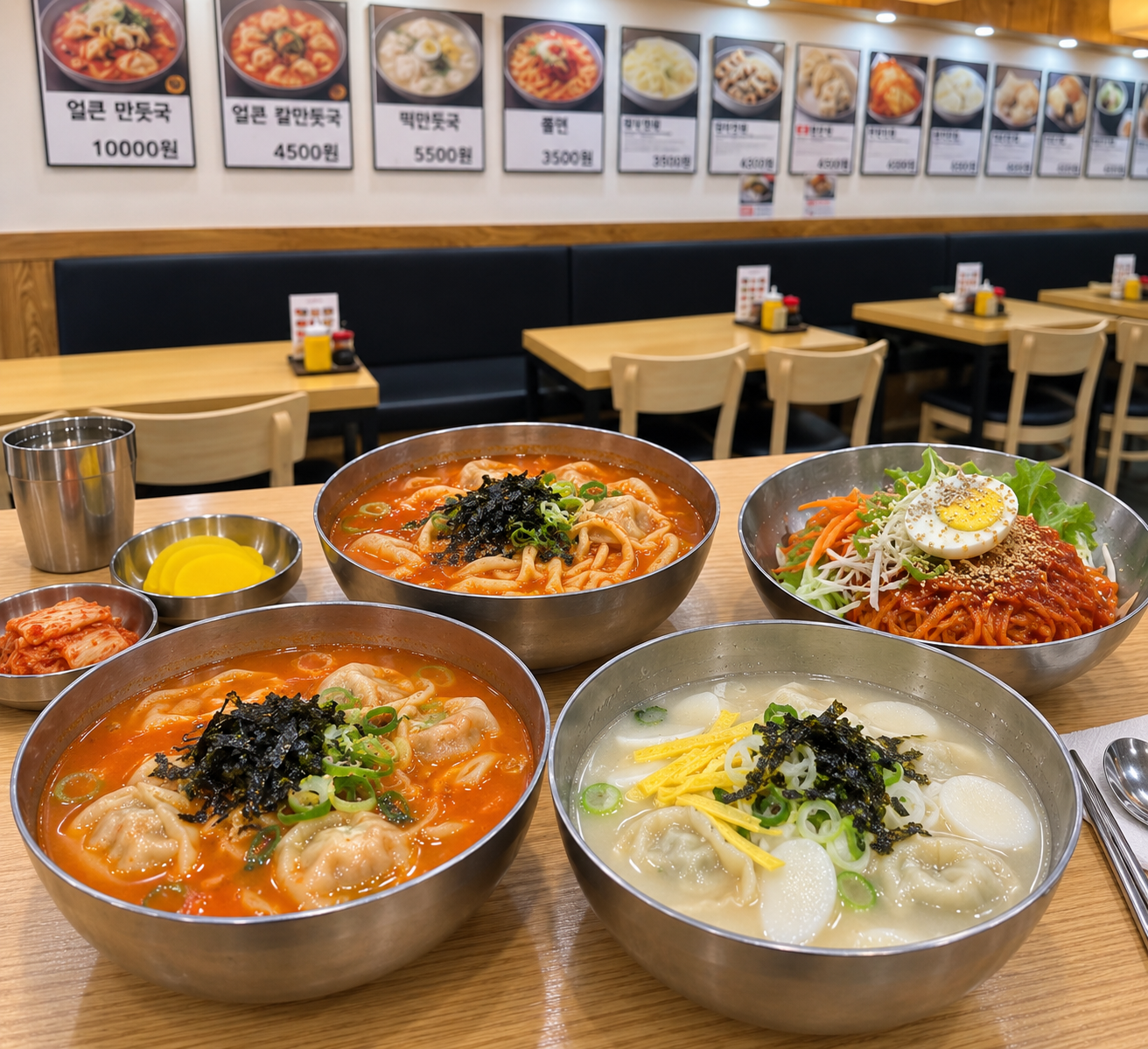 떡만둣국, 얼큰 떡만둣국, 얼큰 칼만둣국, 쫄면 한상 모습