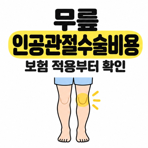 무릎 인공관절수술비용과 보험 적용부터 확인이라는 문구 아래 다리 한 쌍의 무릎 한 곳을 노란색으로 표시한 대표 이미지