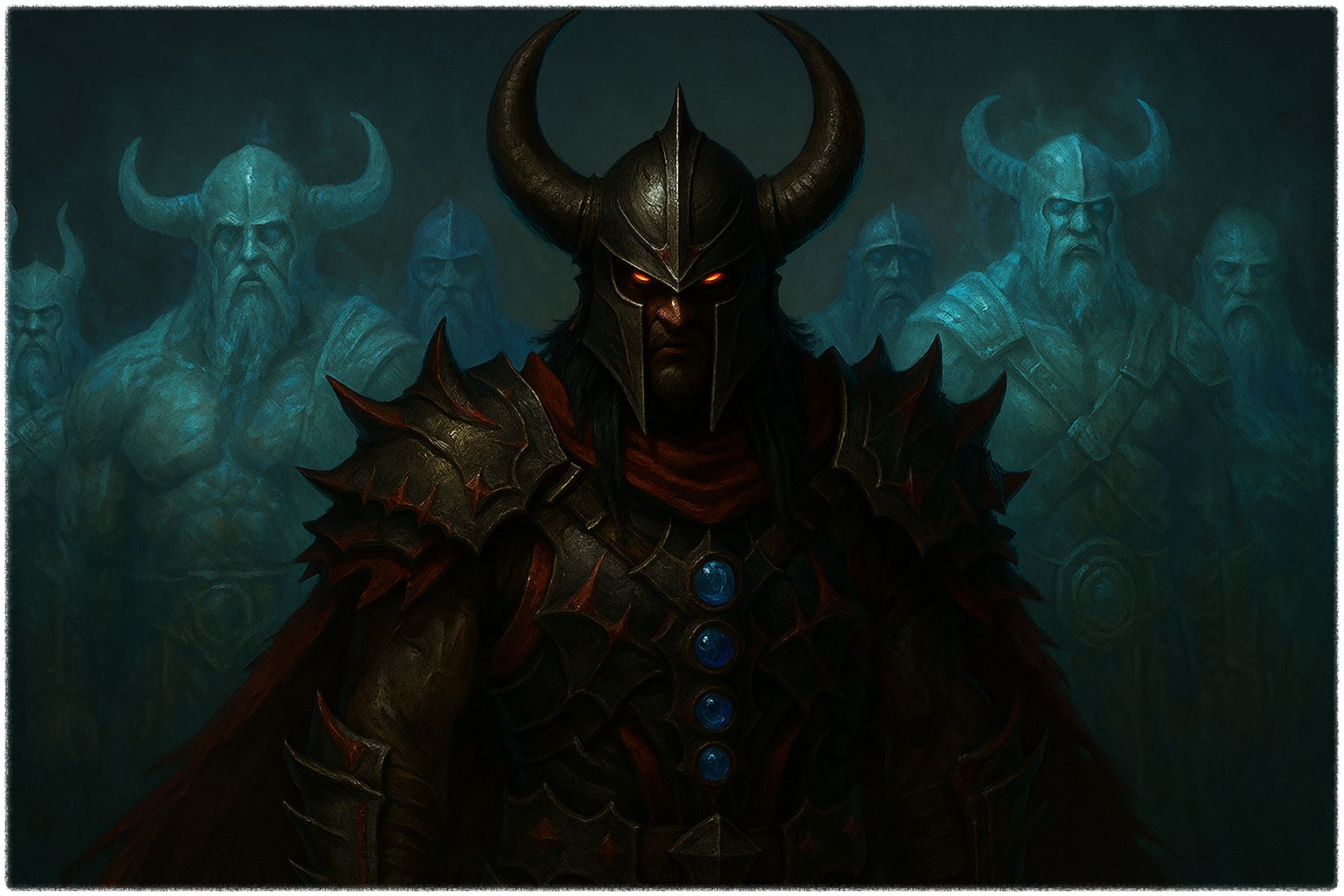 베르세르크 스타일의 야만용사가 중앙에 서 있고, 그 뒤로 푸른 안개 속에 도열한 선조 영혼들이 함께하는 모습