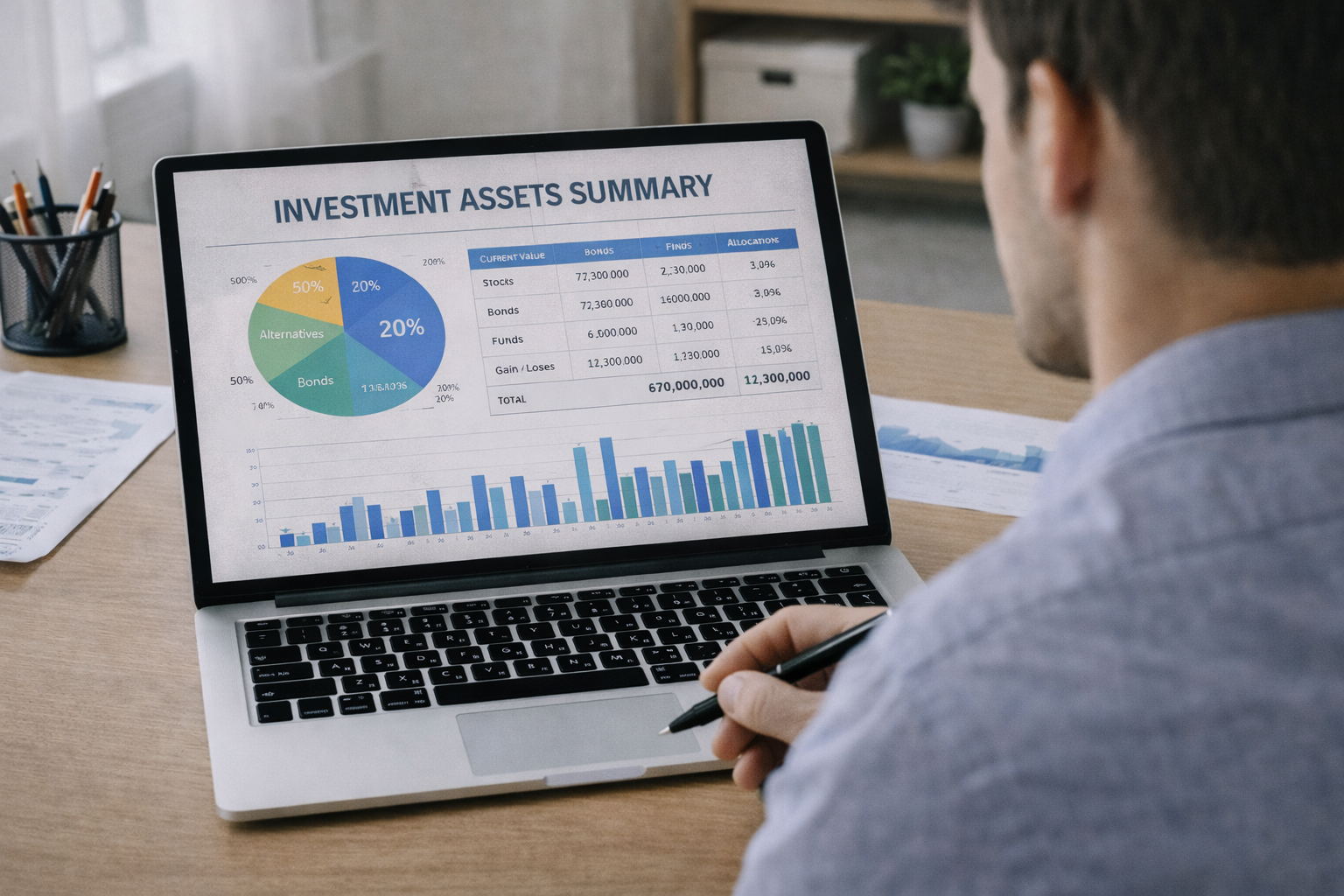 투자 자산 현황을 정리한 그래프를 노트북으로 확인하는 장면