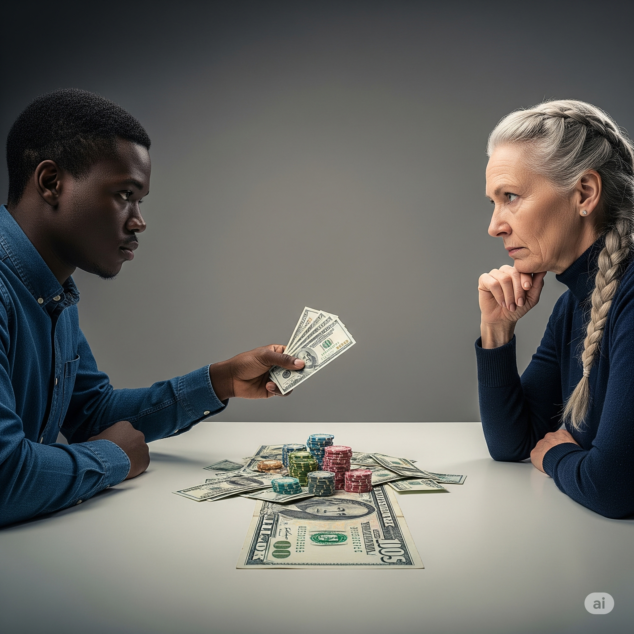 흑인 남성과 백인 여성이 서로 마주보고 최후통첩 게임을 하고 있다