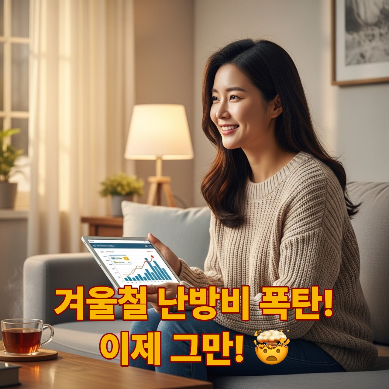 포근한 겨울 거실에서 태블릿으로 난방비 절약 그래프를 확인하며 미소 짓는 한국인 여성.