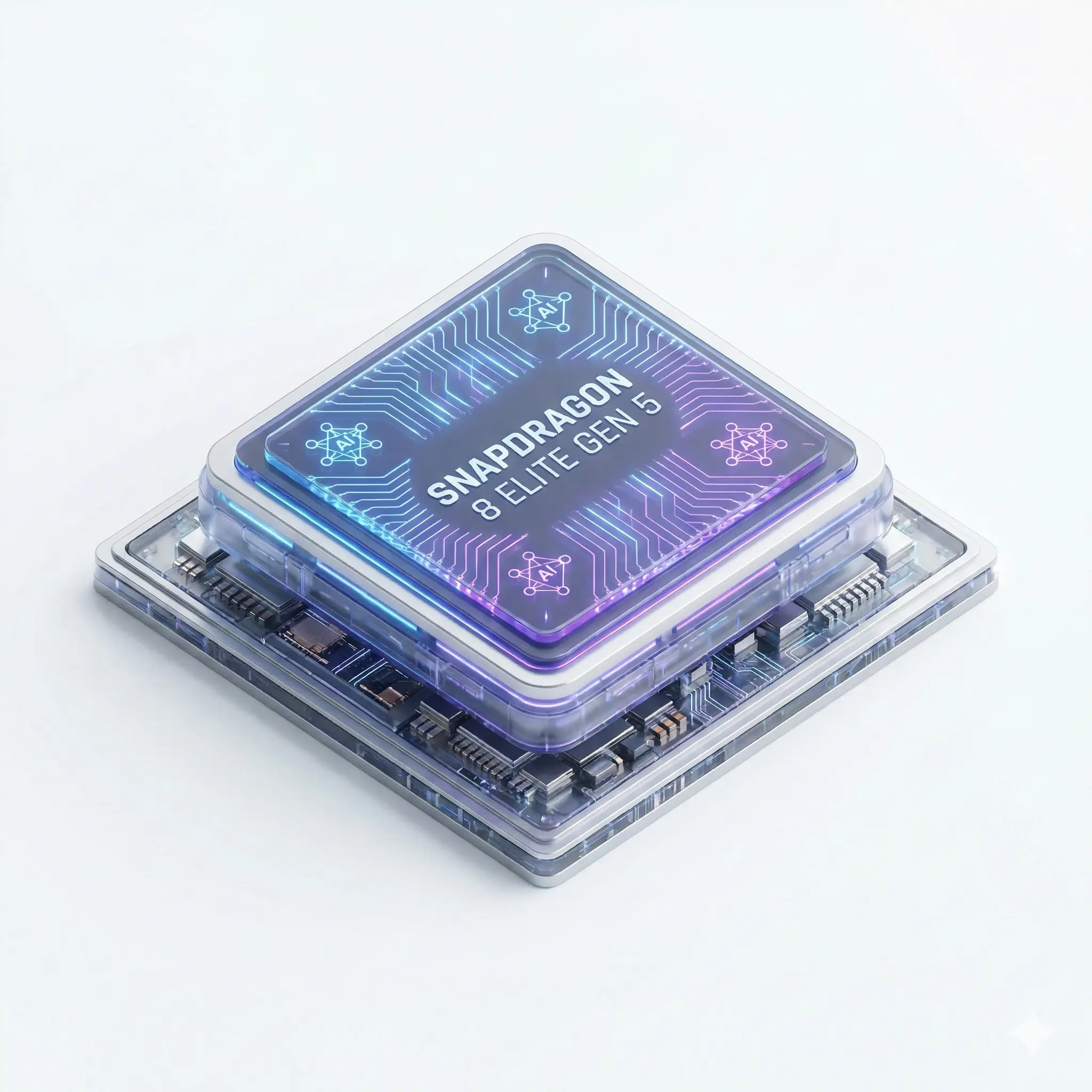 갤럭시 S26에 탑재된 퀄컴 스냅드래곤 8 Elite Gen 5 칩셋의 3D 렌더링 이미지. 인공지능 신경망 회로와 GPU 성능 향상을 상징하는 파란색 광원 효과가 포함된 미래형 반도체 프로세서 그래픽.