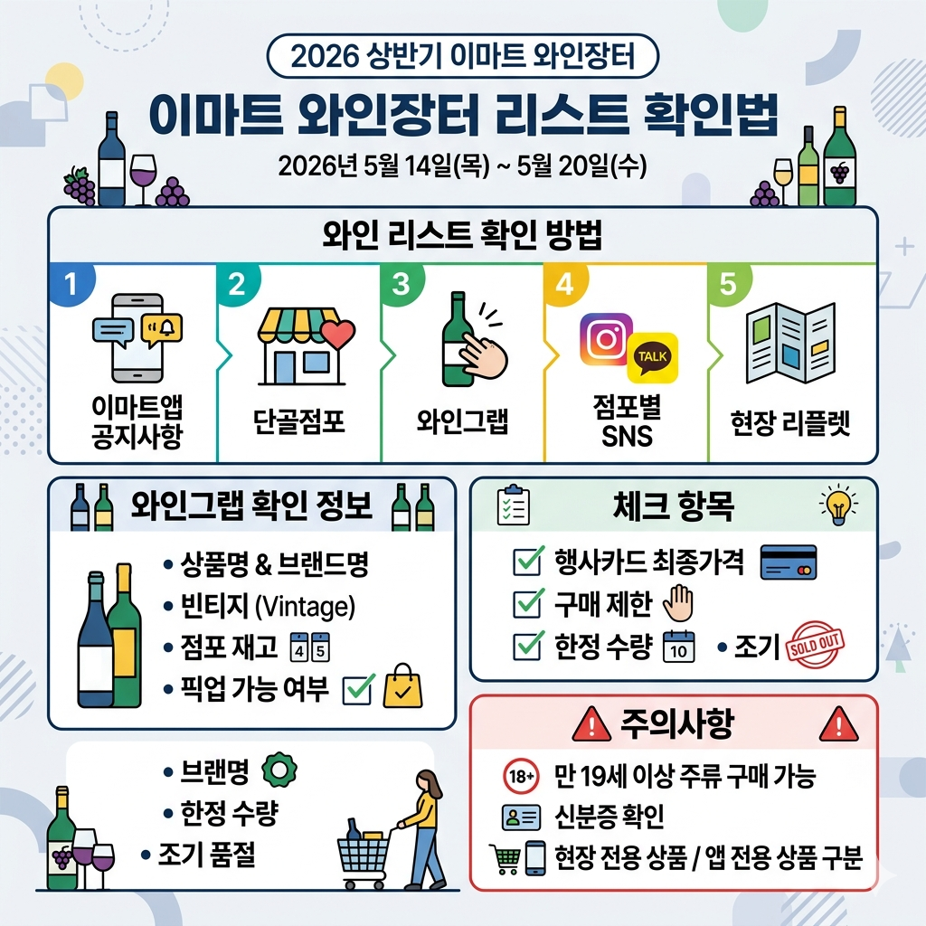 이마트 와인장터 리스트 확인법 2026 상반기 행사기간&middot;와인그랩&middot;점포별 재고 조회 인포그래픽