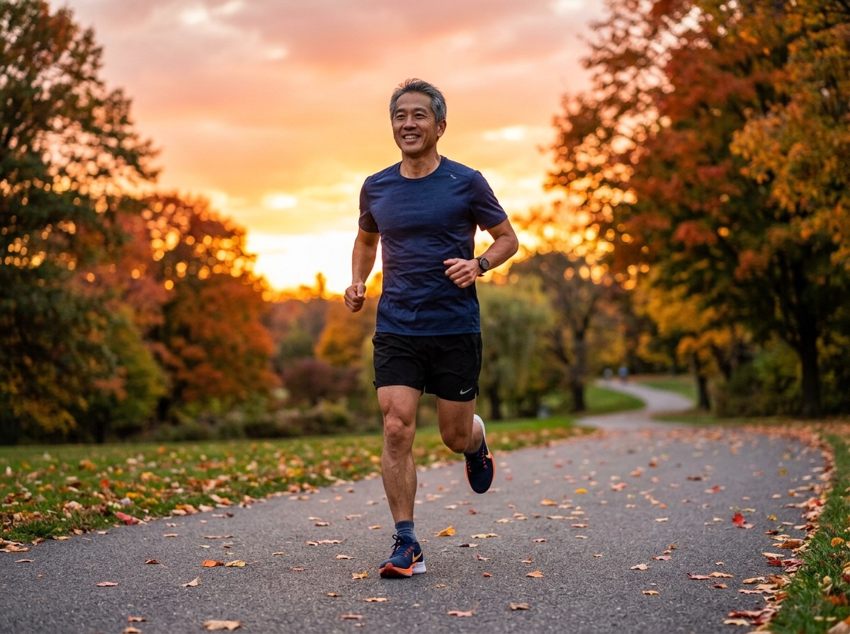 노을 지는 공원에서 미드풋 착지로 가볍게 달리고 있는 건강한 중년의 실사 이미지