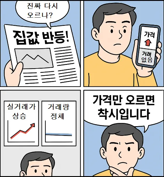 신문에서 집값 반등 뉴스를 보고 놀라는 남성, 실거래가 상승과 거래량 정체 그래프가 함께 등장하며 가격만 오른 착시를 지적하는 만화