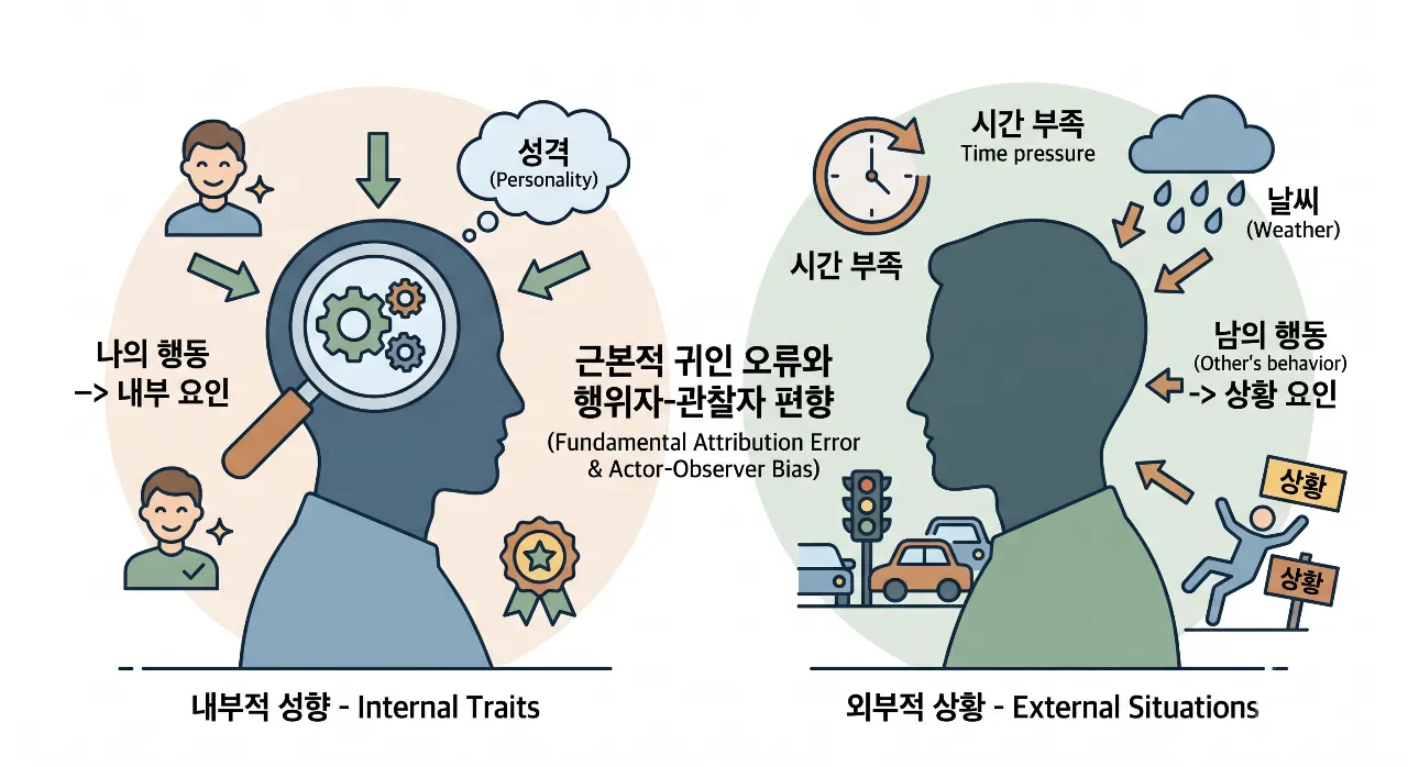 기본적 귀인 오류와 행위자 관찰자 편향을 상징하는 심리학 개념 일러스트