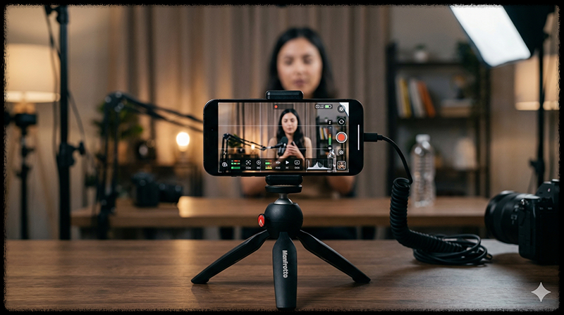 삼각대에 고정된 스마트폰으로 영상을 촬영하는 모습