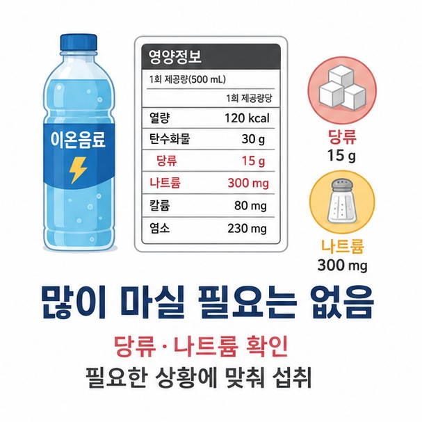 이온음료의 당류와 나트륨 영양정보를 확인하고 필요한 상황에 맞춰 마시는 방법을 표현한 이미지