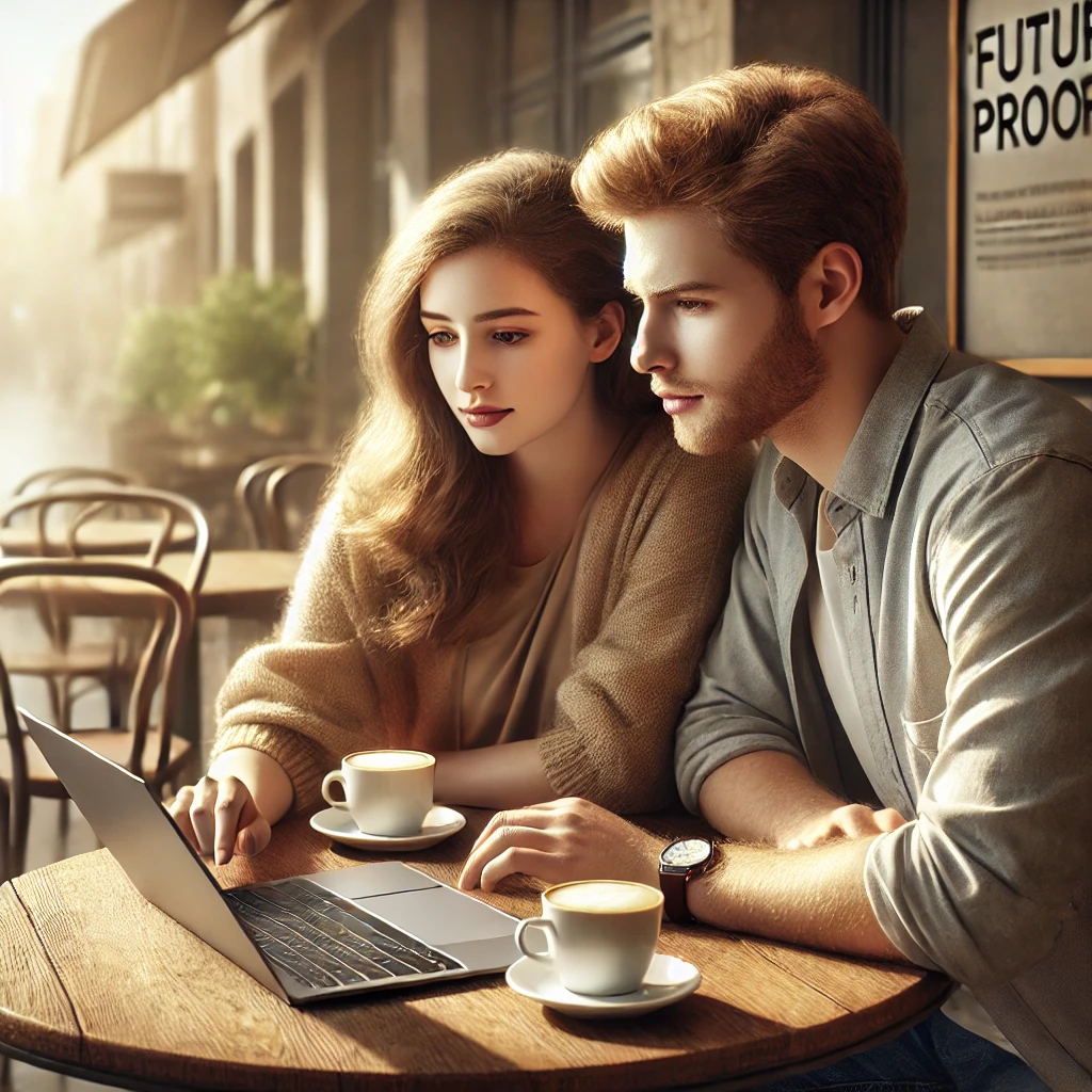 커플이 카페에서 노트북을 보며 미래를 논의하는 현실적인 장면