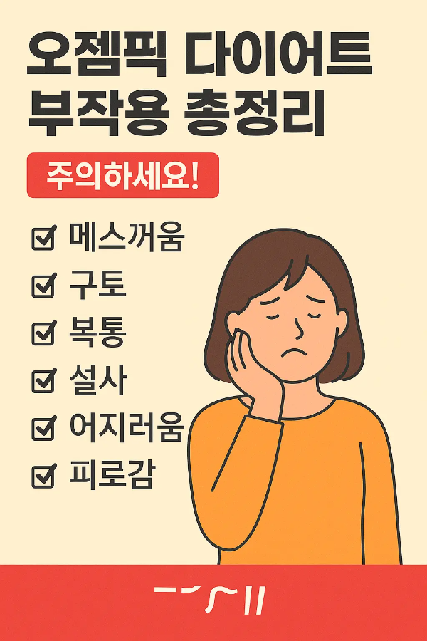 오젬픽 다이어트의 대표적인 부작용 6가지를 체크리스트 형태로 정리한 인포그래픽 이미지 – 메스꺼움, 구토, 복통, 설사, 어지러움, 피로감