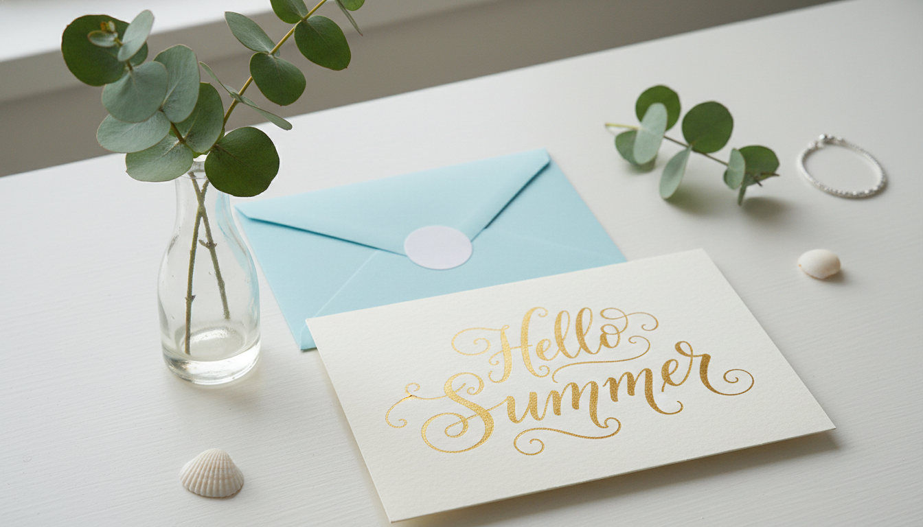 Hello Summer 캘리그라피가 적힌 초여름 안부 카드와 화분