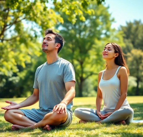 혈관 건강을 위해 공원에서 복식호흡 하는 남성과 여성