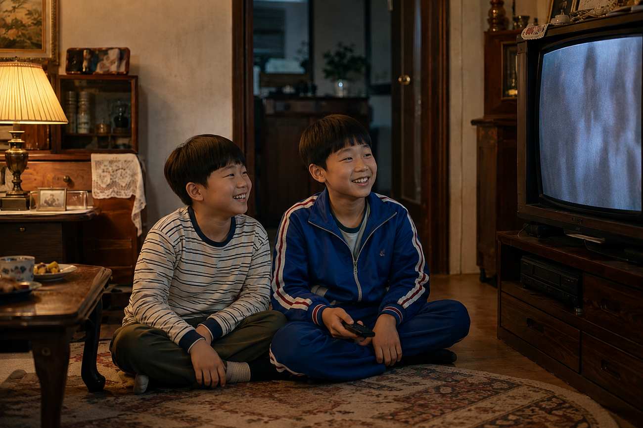 브라운관 TV 옆에 나란히 앉은 두 형제가 서로 웃으며 함께 화면을 보는 모습