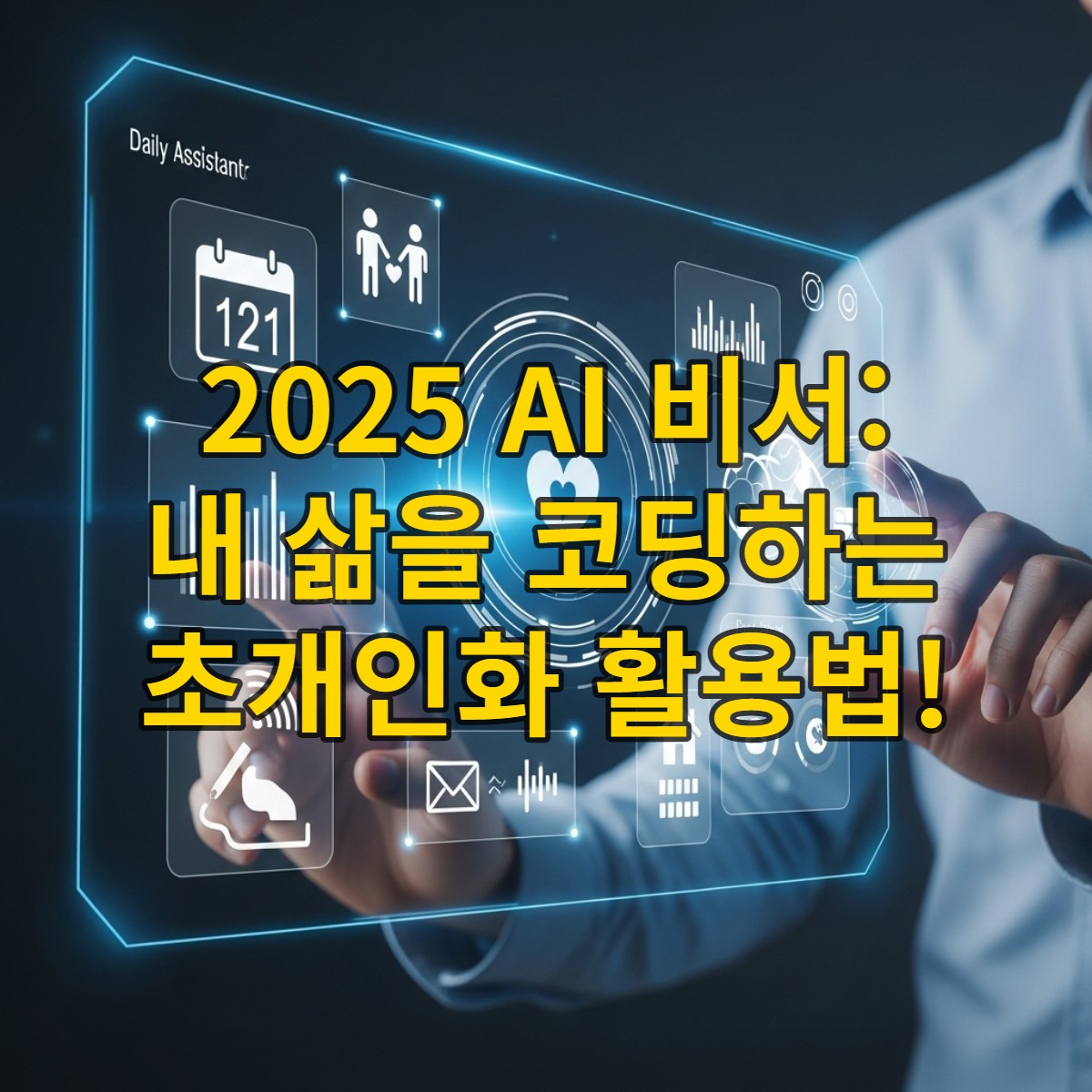 투명한 화면에 개인 맞춤형 일정, 건강 데이터, 업무 관리 등 다양한 기능을 표시하는 미래형 AI 비서 인터페이스. 한 사람이 화면과 상호작용하는 모습.