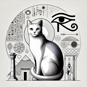 이집트 피라미드, 고대 두루마리, 중세 성곽 실루엣 등이 감성적으로 배경에 스며들듯 배치되어 고양이의 역사성을 은유하는 썸네일