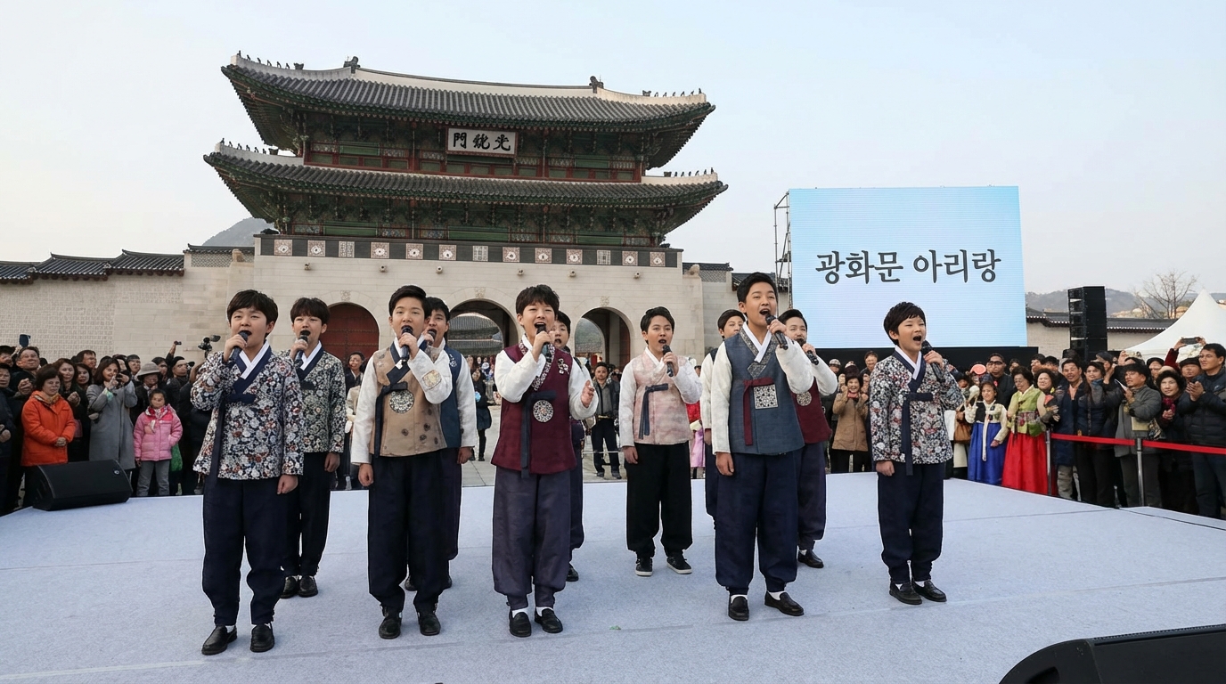 광화문 공연에서 개량 한복을 입고 노래하는 방탄소년단 뷔(V)의 클로즈업 샷
