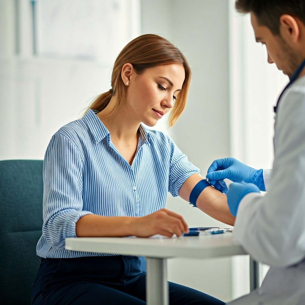 병원에서 의사로부터 건강검진 혈액검사를 받고 있는 여성 사진