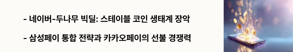 원화스테이블코인: "네이버-두나무 빅딜: 스테이블 코인 생태계 장악"’라는 문구가 포함된 웹배너 이미지. 이 이미지는 네이버와 두나무의 전략적 제휴, 삼성전자의 인프라 제공 전략 및 카카오페이의 시장 강점을 시각적으로 전달하며, 블로그의 기업 경쟁 전략과 관련된 내용을 설명함 (Naver-Dunamu Deal, Samsung Strategy, Fintech).