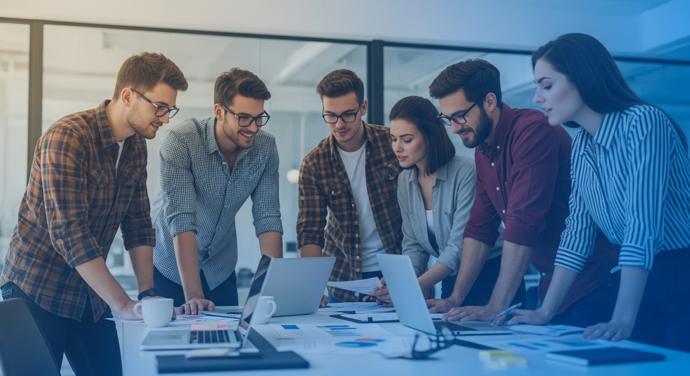 미래지향적인 사무실에서 청년 창업가들이 모여 사업 계획과 자금 관리 전략을 논의하는 모습.