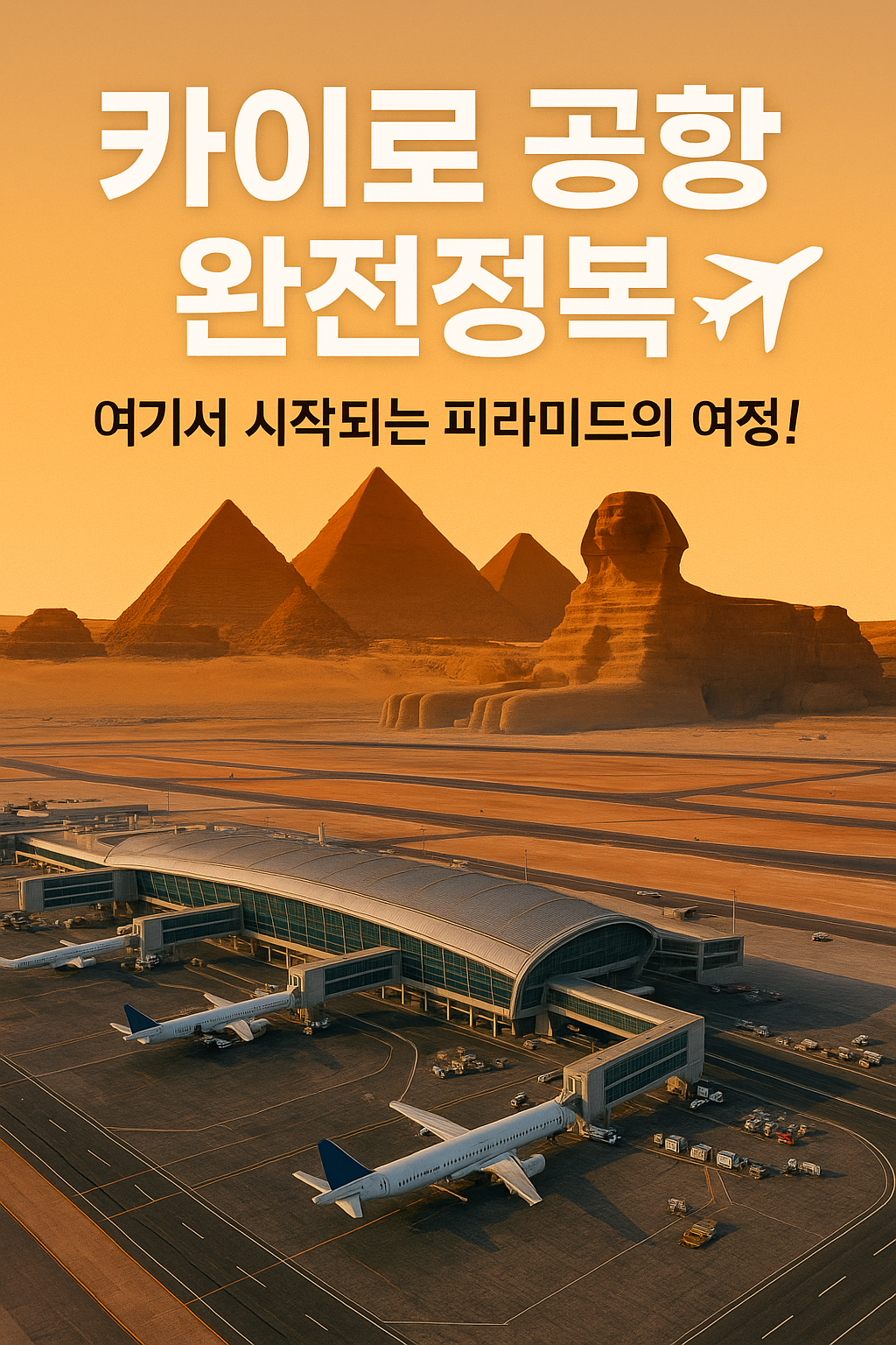 카이로 공항 전경 + 피라미드 실루엣 콜라주 스타일
공항 항공사진 위에 피라미드·스핑크스 실루엣을 오버레이