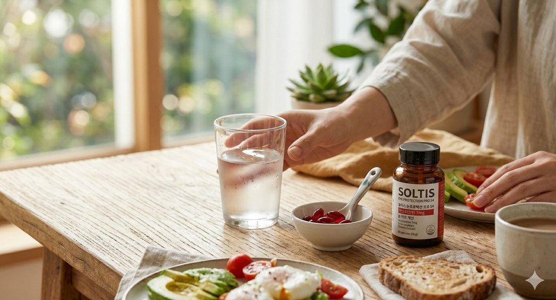 아침 식사 테이블 위에 놓인 영양제와 물 한 잔의 감성 사진