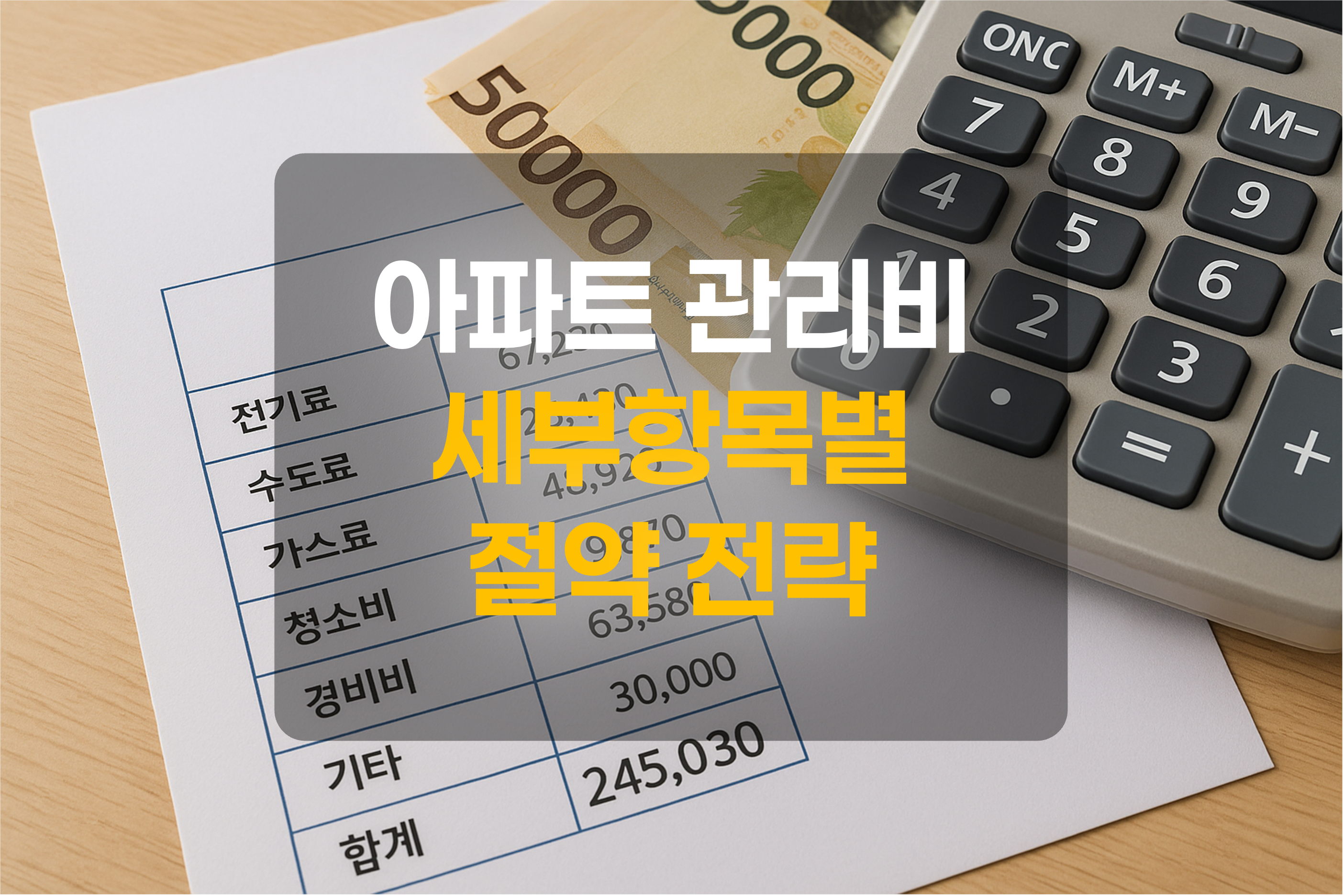 관리비고지서, 화폐, 계산기를 표현한 그림