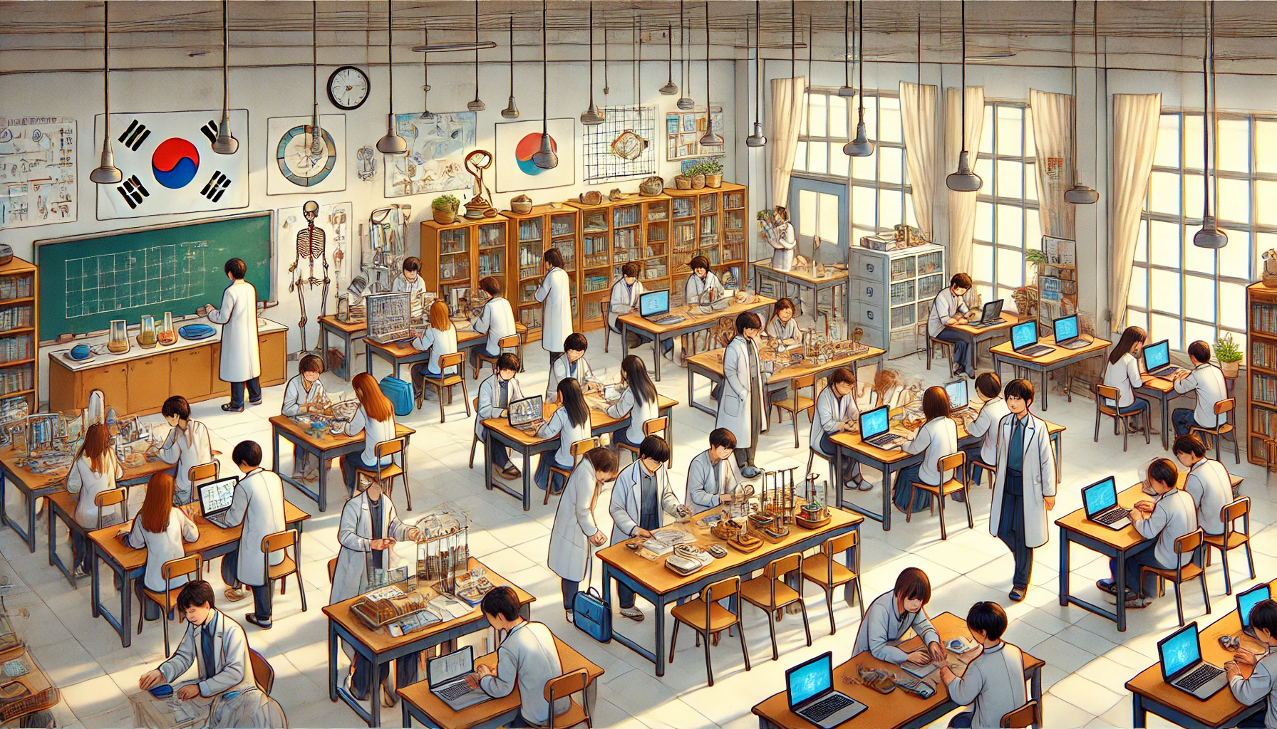 고교학점제 시행 후 다양한 과목 수업이 한 공간에서 동시에 이루어지는 생동감 있는 교실의 모습