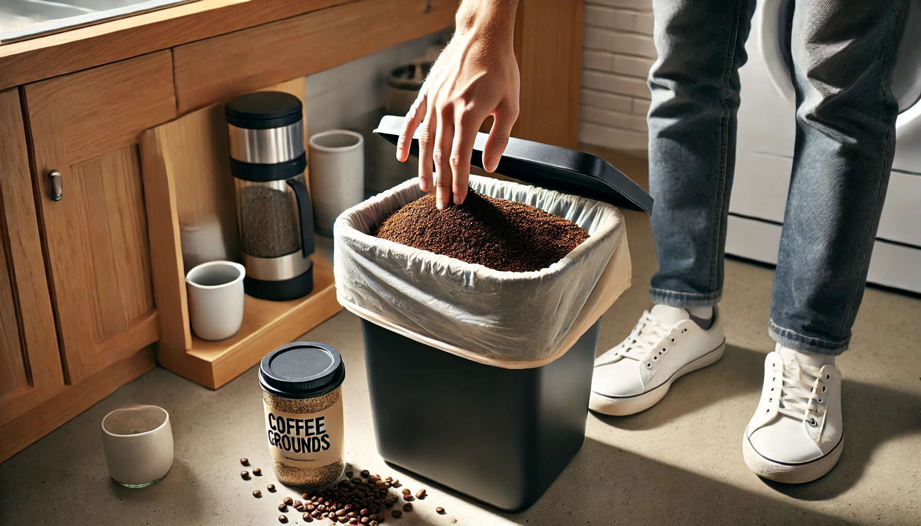 커피 찌꺼기 활용 이미지 - 사람이 쓰레기통에 커피 찌꺼기를 넣는 모습