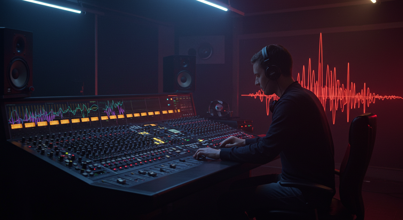 어두운 작업실에서 수많은 버튼과 레버가 있는 오디오 믹싱 콘솔을 조작하는 엔지니어
