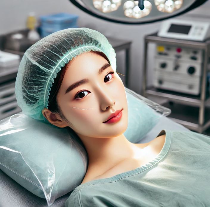 결막모반 제거 수술을 위해 수술대에 누워있는 여성 사진